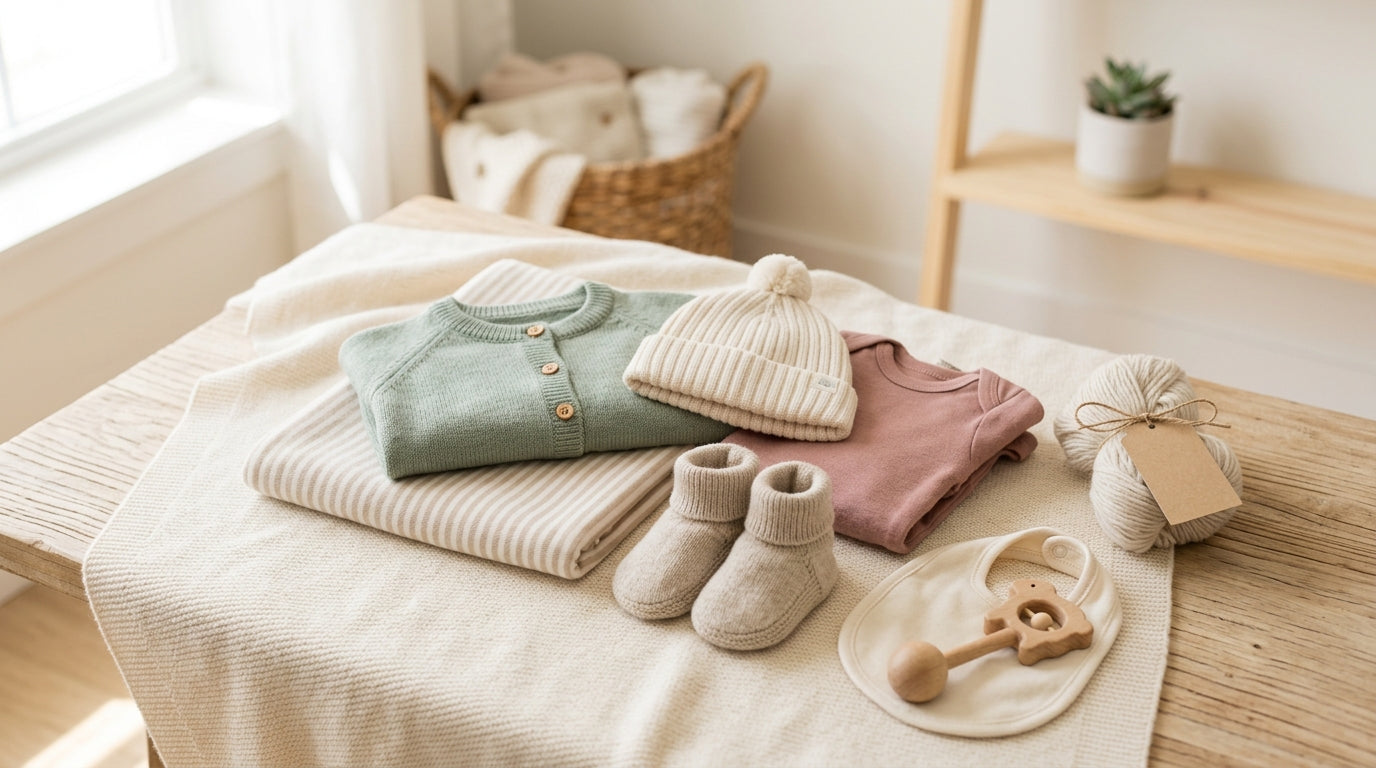 A messy pile of folded organic baby merino wool sweaters and sleep sacks on a bed