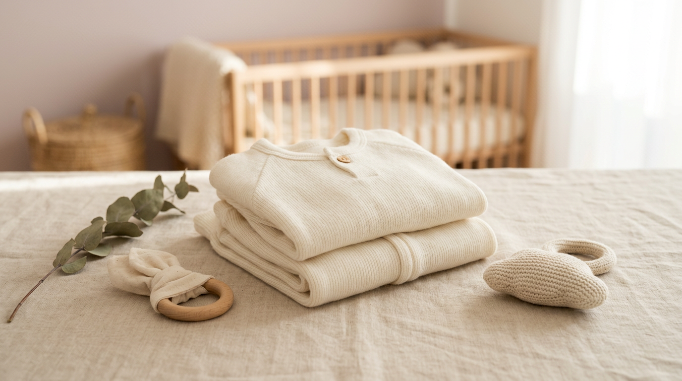 A sleepy baby wearing a soft merino wool bodysuit resting on a neutral blanket