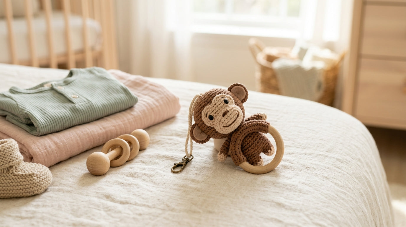 A stylish diaper bag hanging on a stroller with a monkey keychain attached
