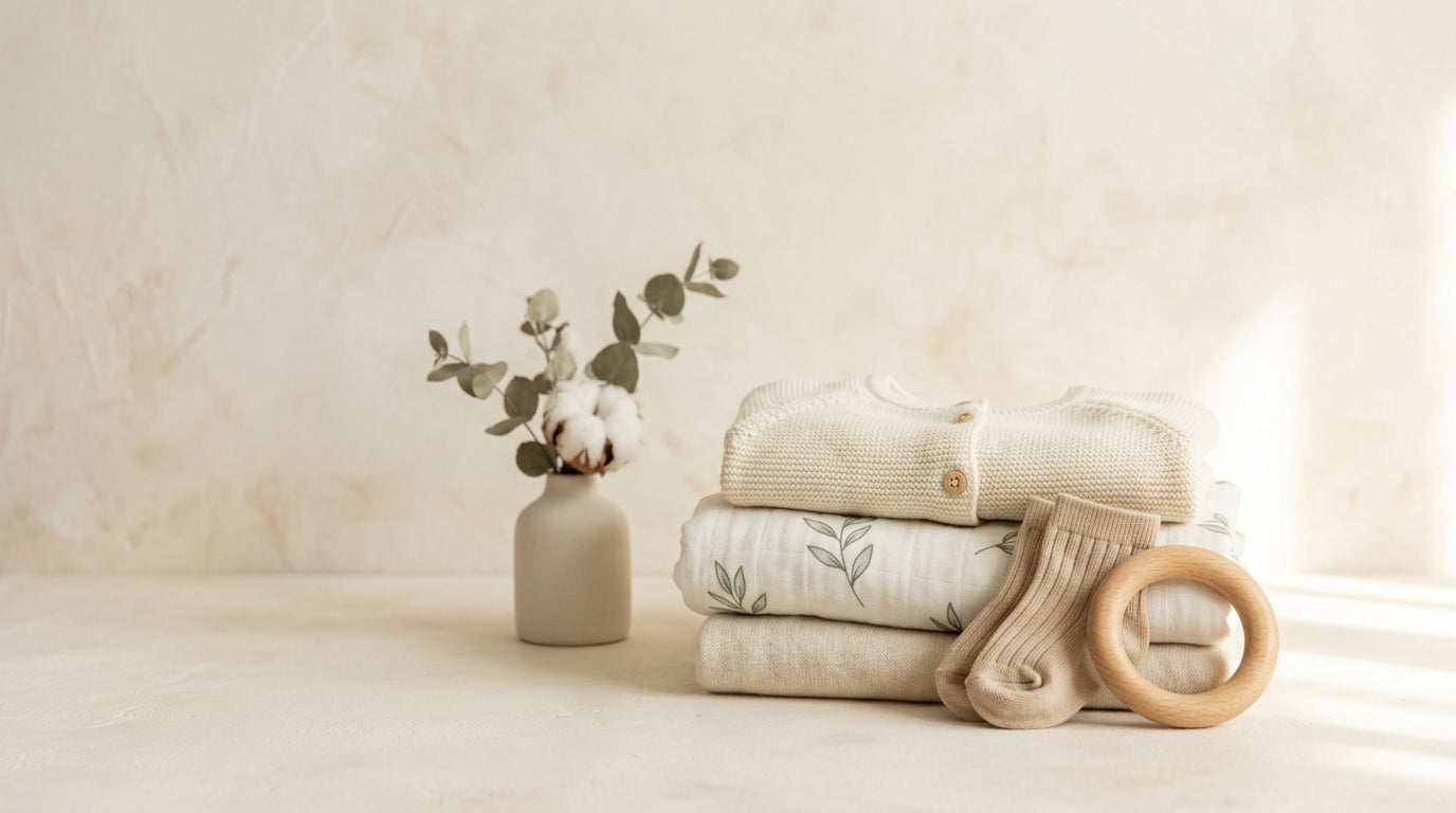 Stressed mom holding a baby in a plain white bodysuit in a waiting room