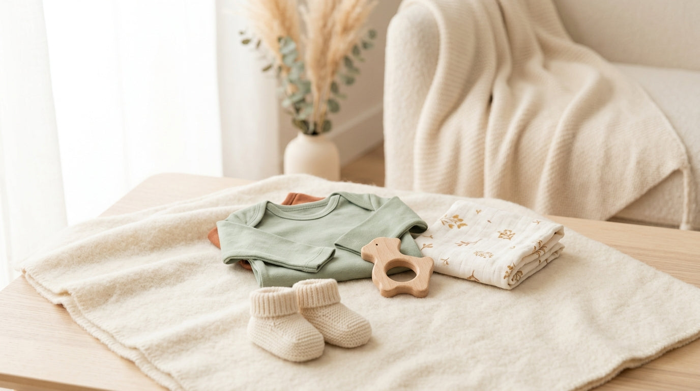 Mother babywearing her newborn infant in a dimly lit nursery.