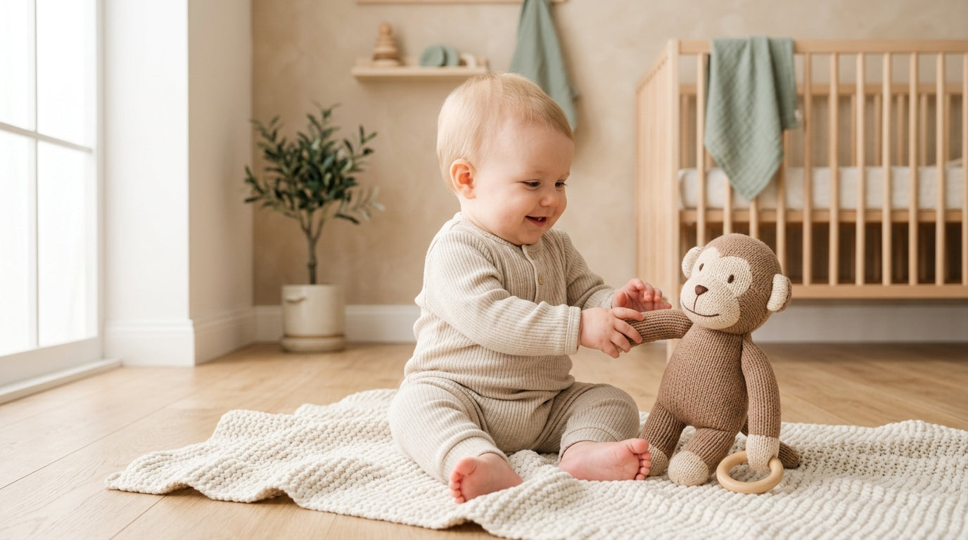 Exhausted mom holding a clingy baby in a wrap carrier in the kitchen.