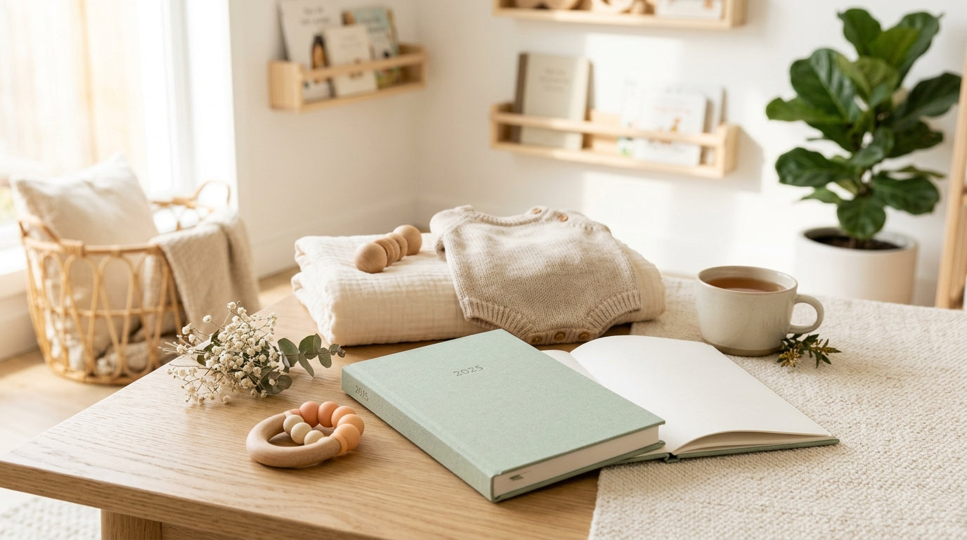 A heavily pregnant woman staring at a messy notebook of scratched out names.