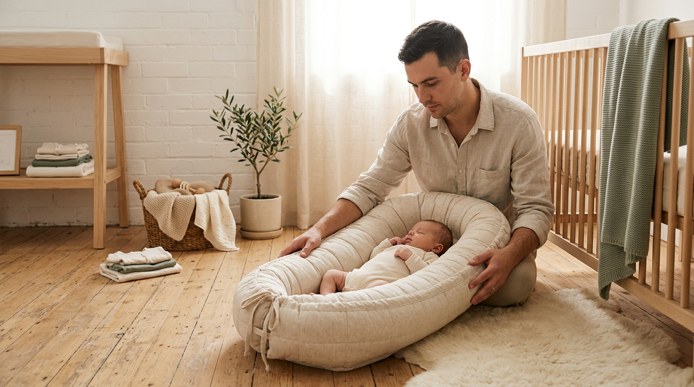 Tired father looking suspiciously at a padded baby nest on the living room floor.