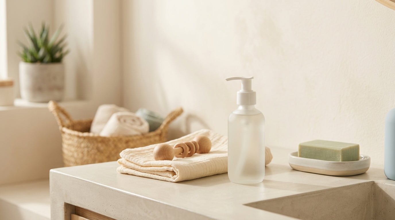 A bottle of baby oil sitting next to a stack of nappies on a messy bedside table.