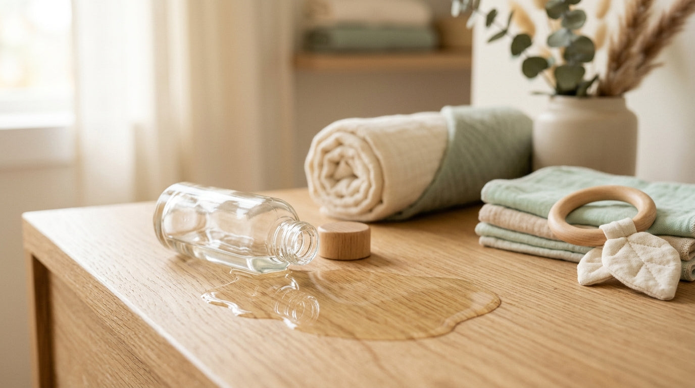 A half-empty infant oil container tipped over next to organic cotton nappies and a wooden teething toy on a rug.