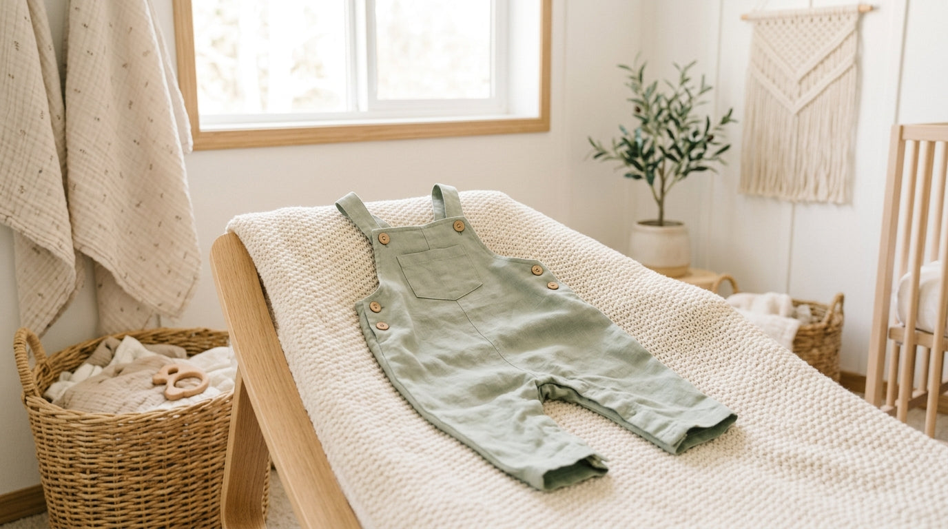Baby Leo wearing soft cotton overalls sitting on a messy living room rug with coffee