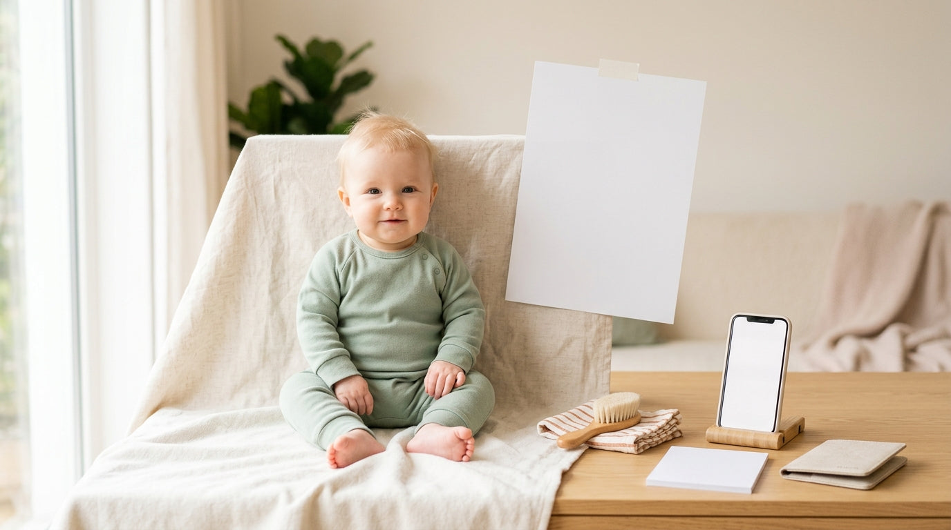 A baby lying on a white sheet taking a passport photo from above.