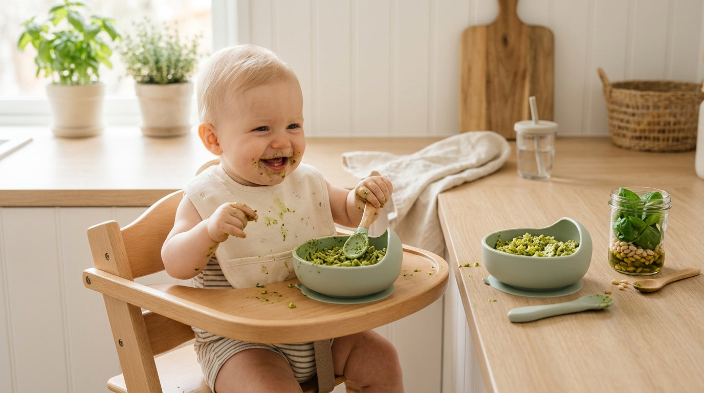 A bewildered dad looking at an 11-month-old baby covered in green pesto.