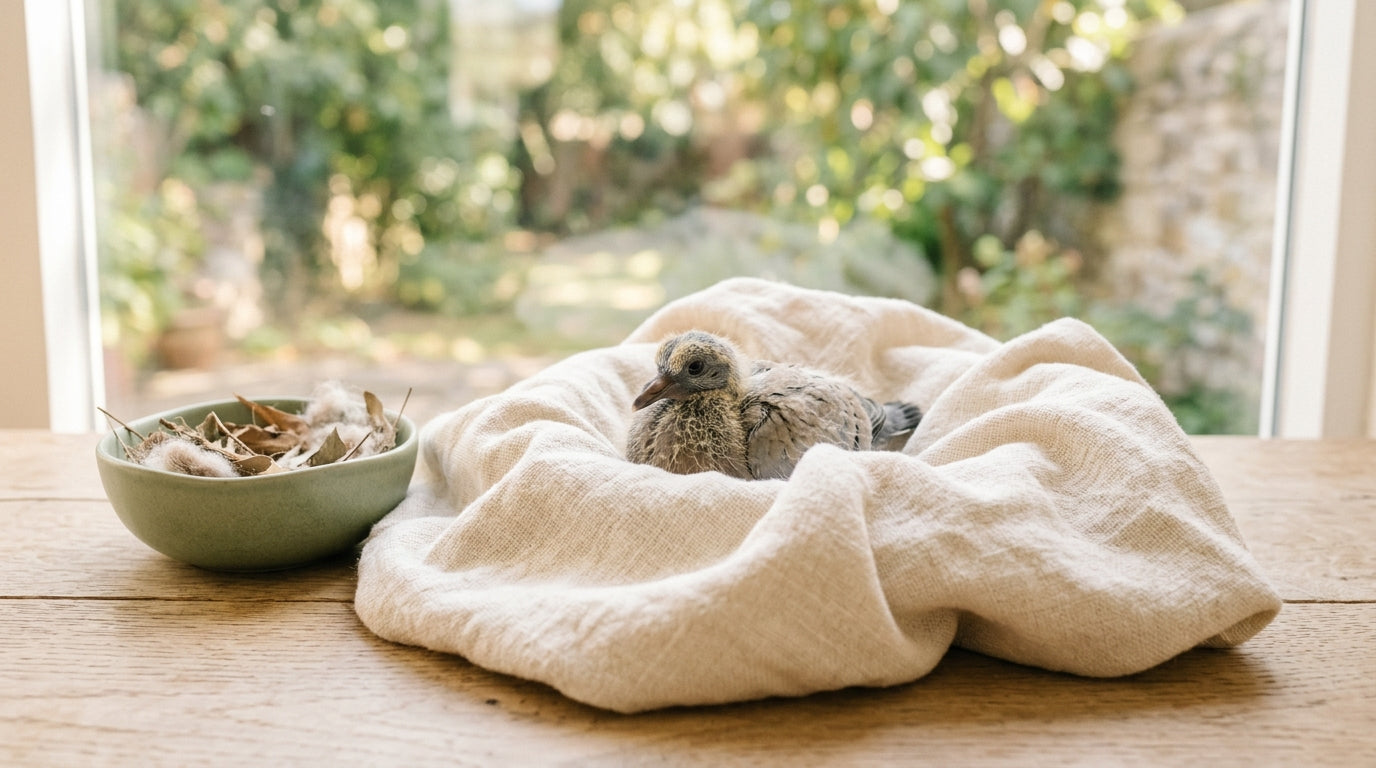 A cardboard box on a kitchen counter prepared with a warm towel for a rescued backyard bird.