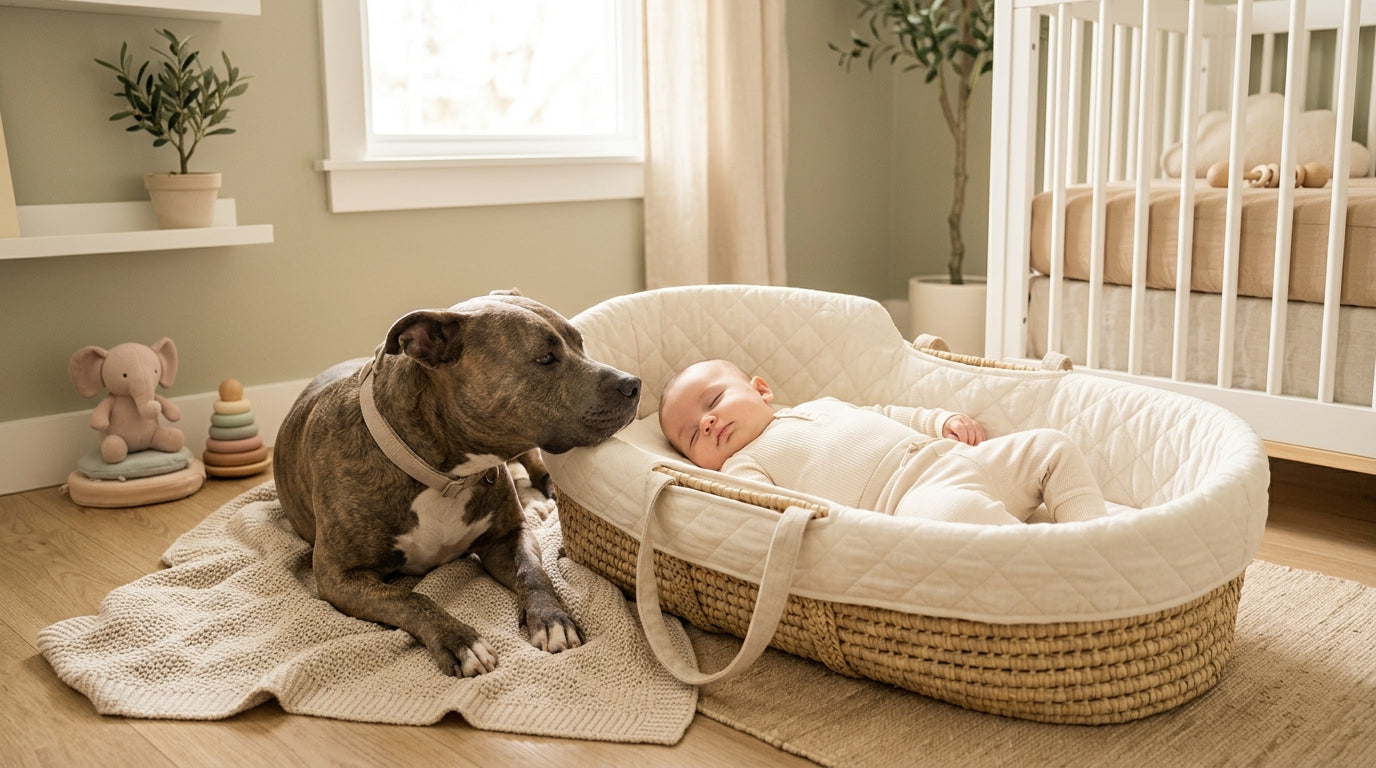 Exhausted mom drinking coffee while toddler plays safely behind a gate away from dog