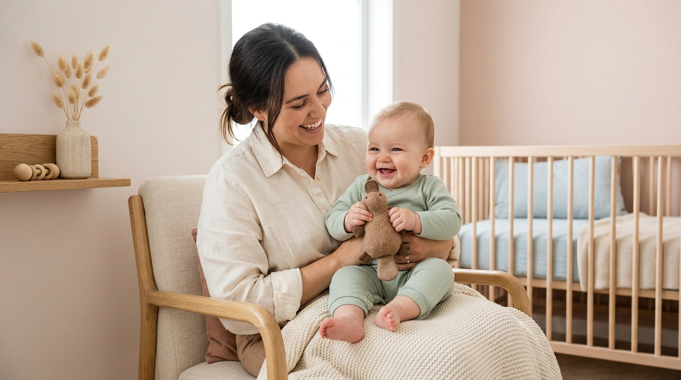 A bewildered dad looking at a baby platypus plush toy next to a modern laptop and baby gear.