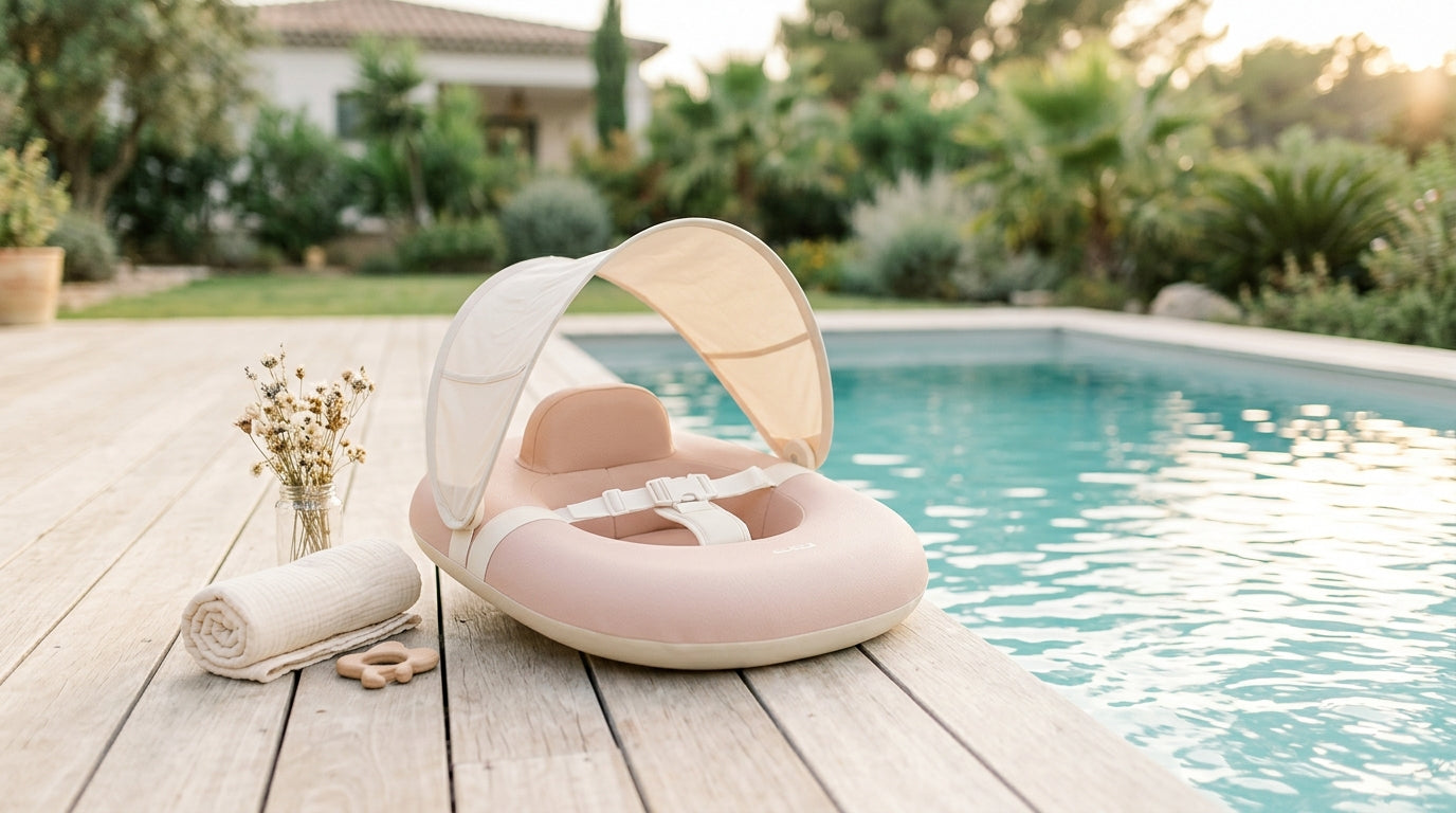 A bright neon baby pool float sitting on the edge of a backyard swimming pool in Texas.