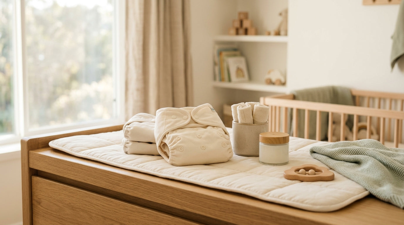 Mom looking tired while holding a baby wipe and standing over a changing table