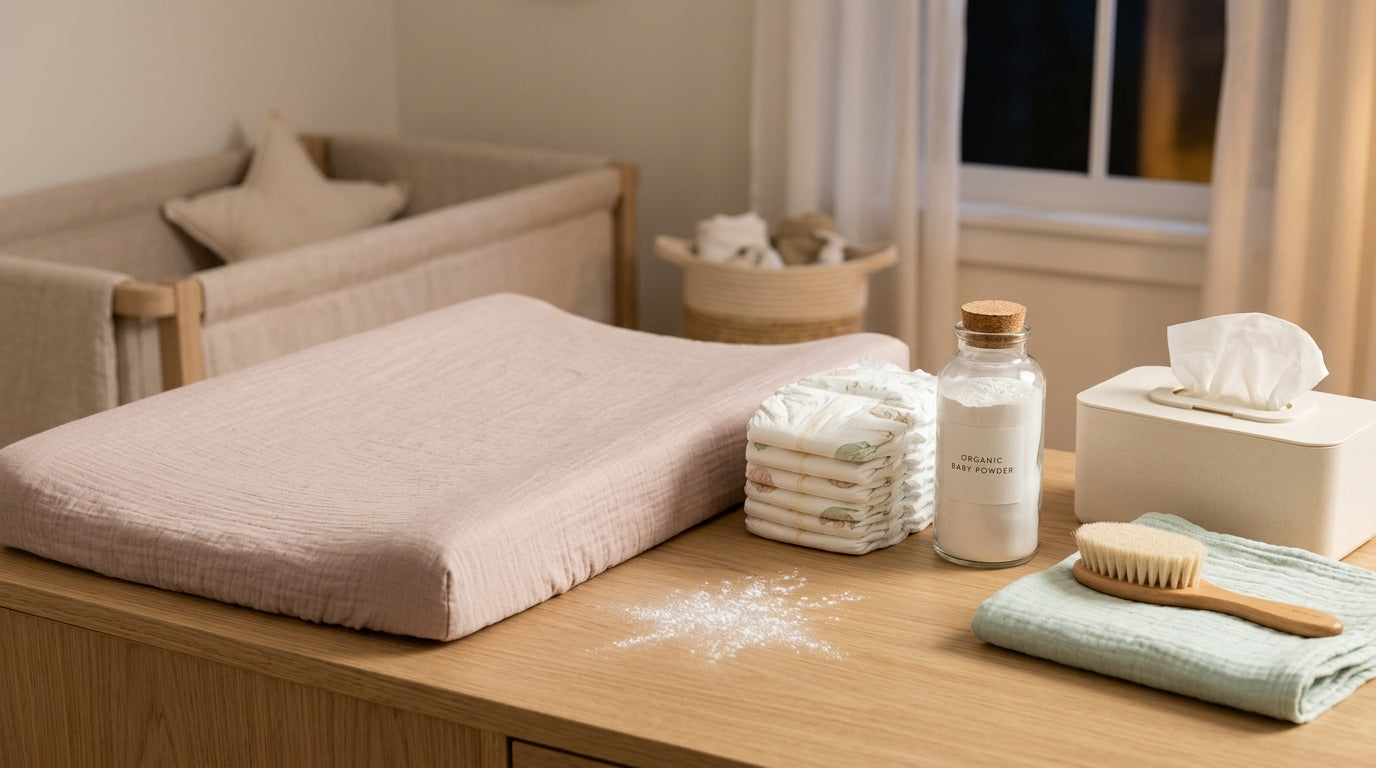 A tired dad holding a diaper and looking confused at baby products