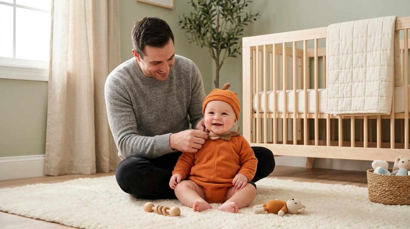 An 11-month-old baby in a soft orange organic cotton bodysuit with a felt face.
