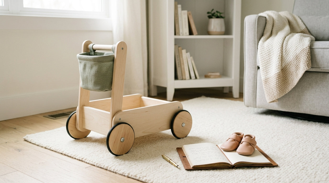 Toddler pushing a wooden walker wagon filled with heavy books
