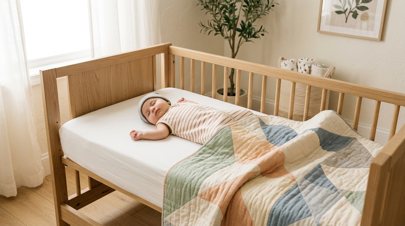 Messy stack of fabric and a half-finished baby blanket on a coffee table