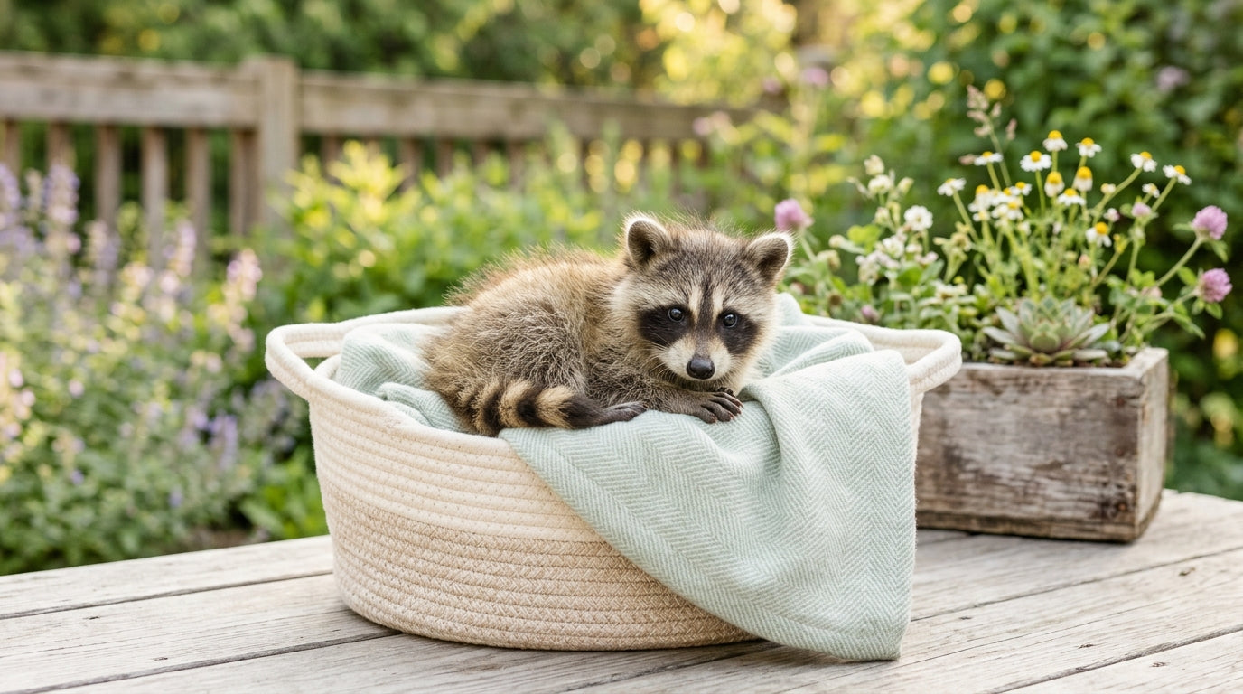 A toddler looking at a baby raccoon in a suburban backyard from a safe distance