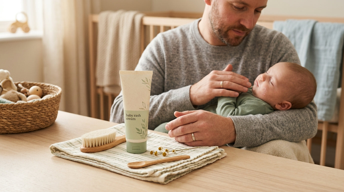 An exhausted British dad holding a tube of baby rash cream at midnight