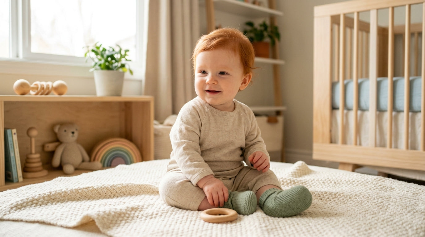 A mother holding her red-haired baby in the grocery store aisle