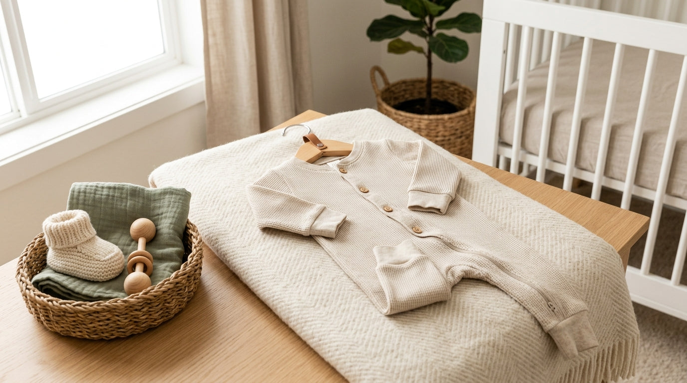 Messy baby sitting on a rug wearing a soft organic cotton long sleeve romper