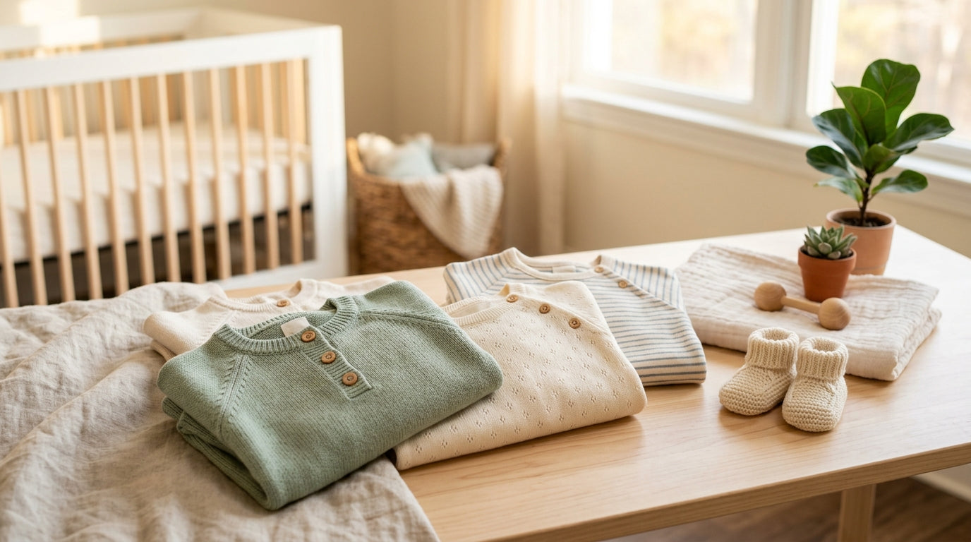 Exhausted mom holding a baby romper and a cold coffee