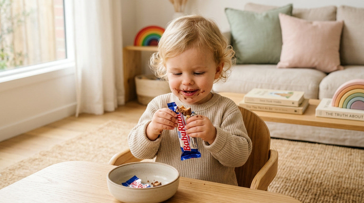A partially unwrapped chocolate peanut nougat candy bar next to a toddler silicone bib.