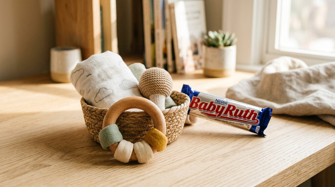 A confused dad looking at his phone while an 11-month-old baby plays on a wooden gym.