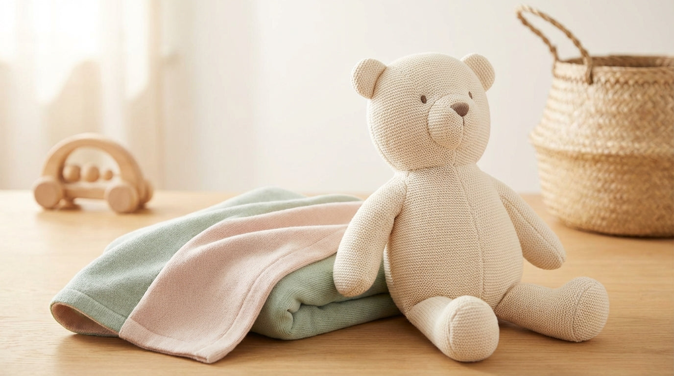 Mom looking tired holding a well-worn safe organic cotton baby toy