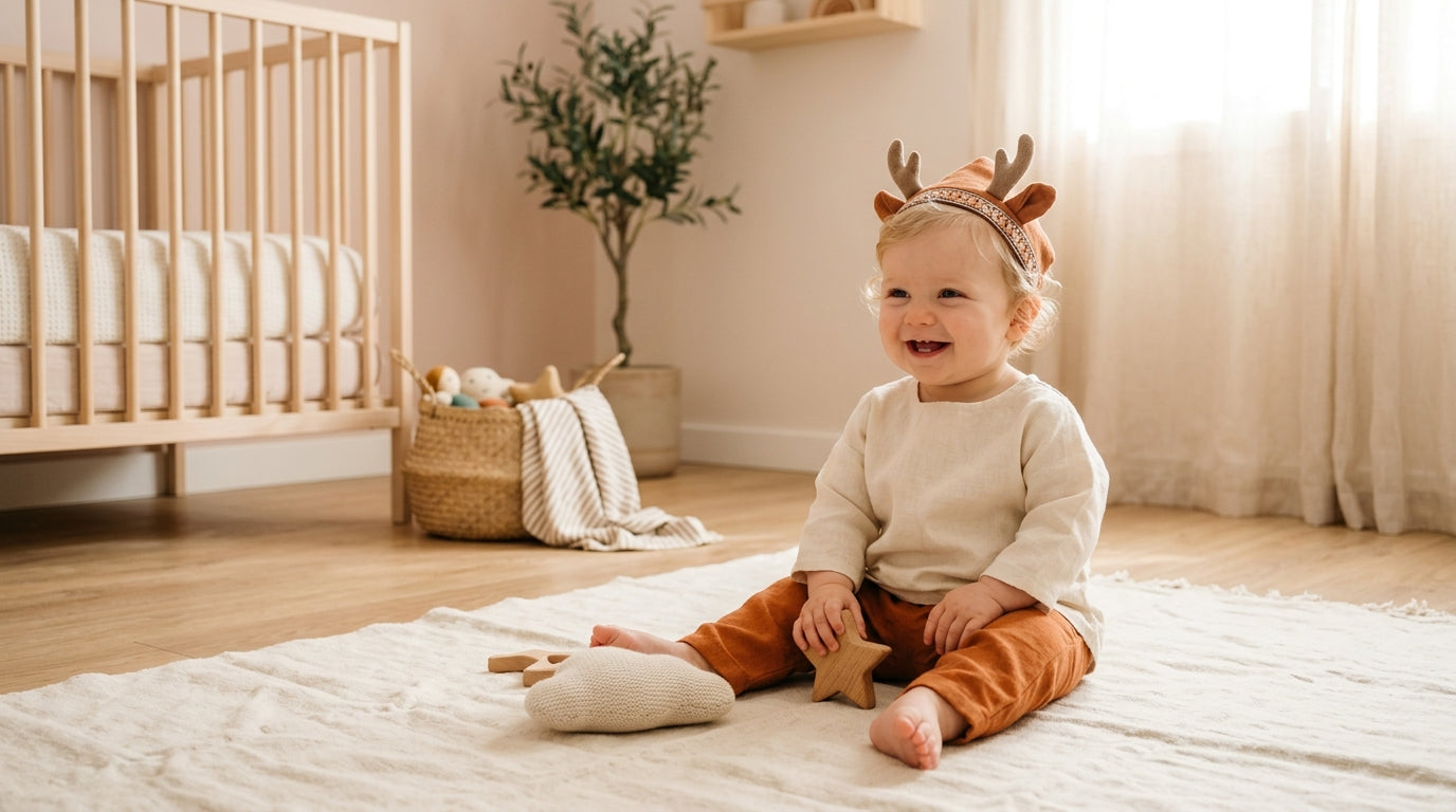 Toddler wearing a yellow backward cap and pink sweater holding a baby bottle.