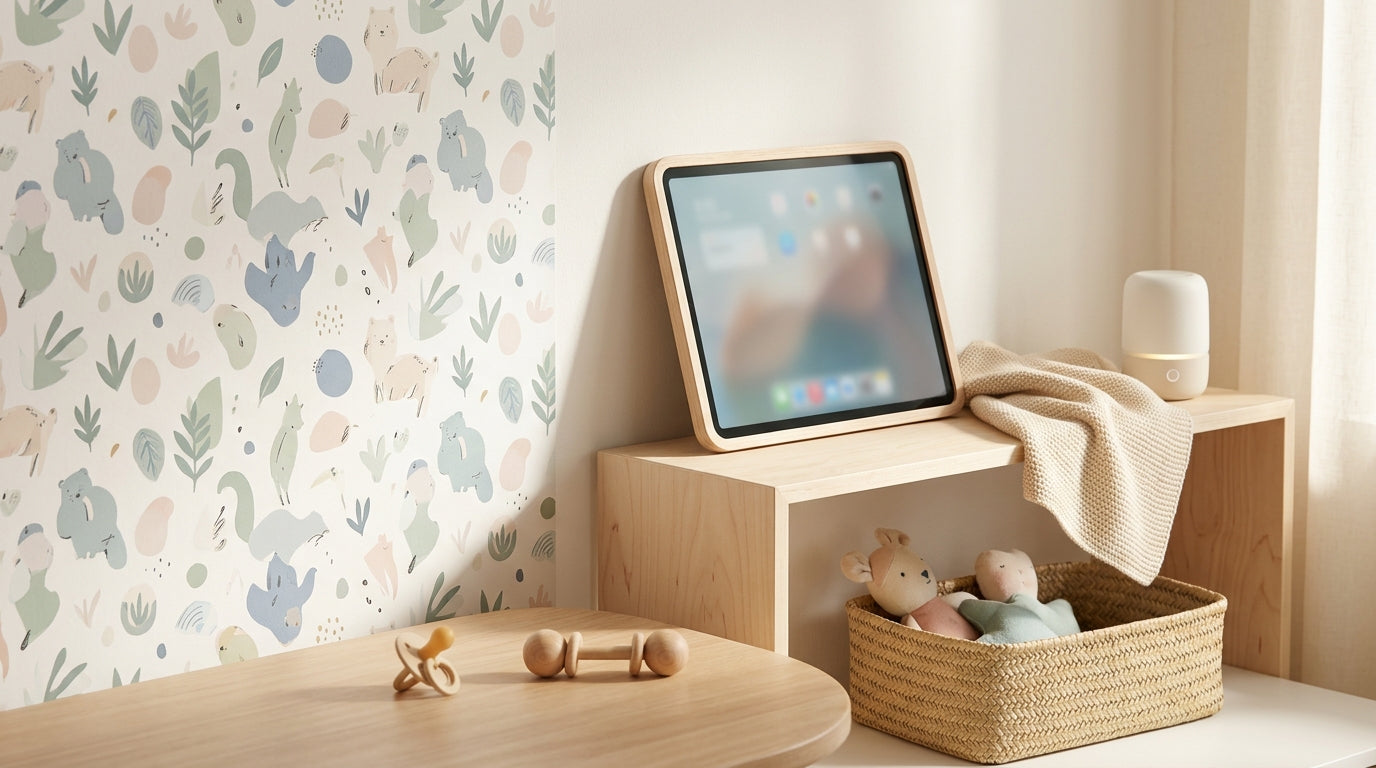 A wooden baby gym in a natural nursery setup