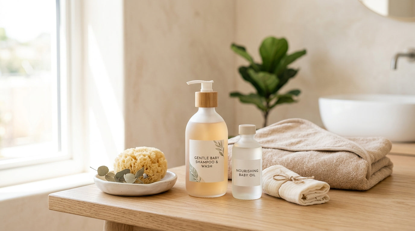 A wet baby wrapped in a towel looking annoyed at a bottle of unscented baby wash