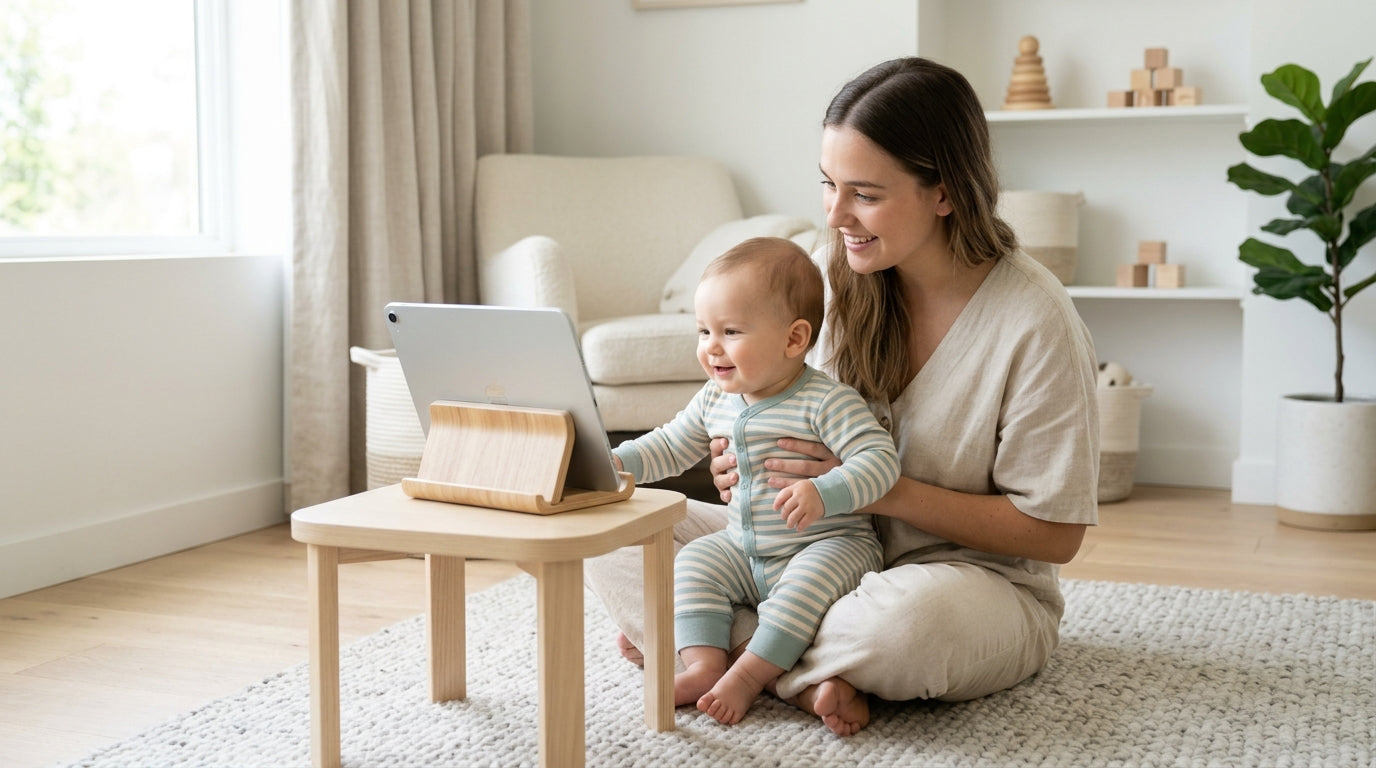 A tired dad looking at a smartphone while a baby plays with wooden toys nearby