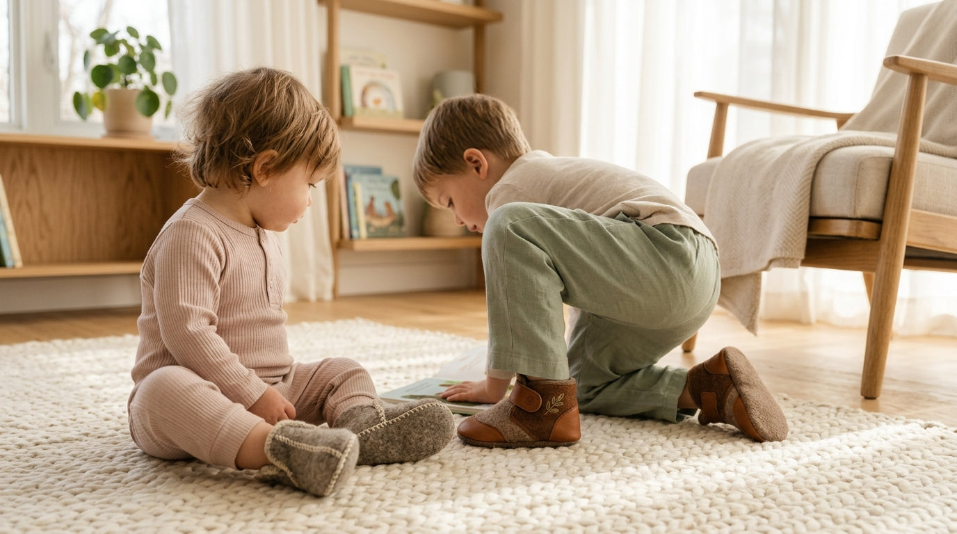Baby wearing soft-soled booties sitting on a hardwood floor