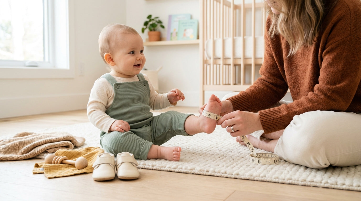 A frustrated dad trying to put a tiny trainer on a toddler's squirming foot