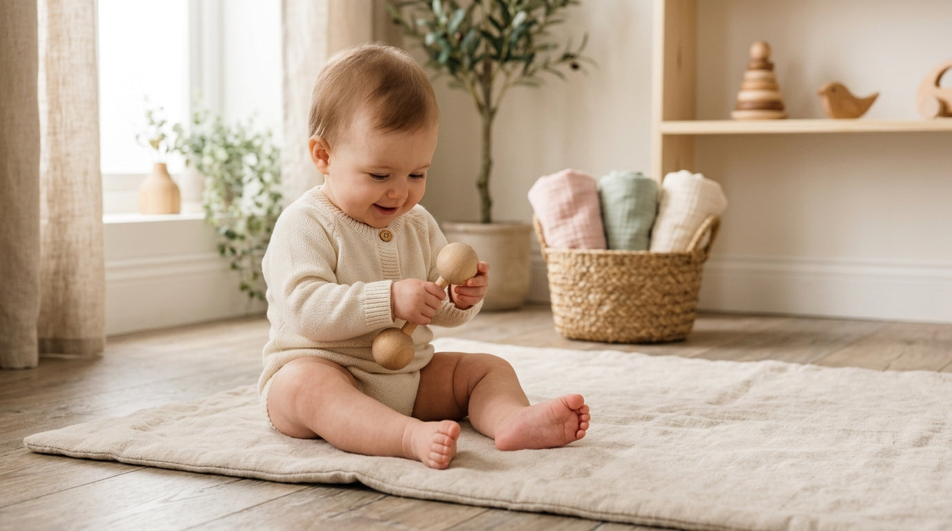 A pile of baby shoes never worn sitting next to a barefoot 11-month-old