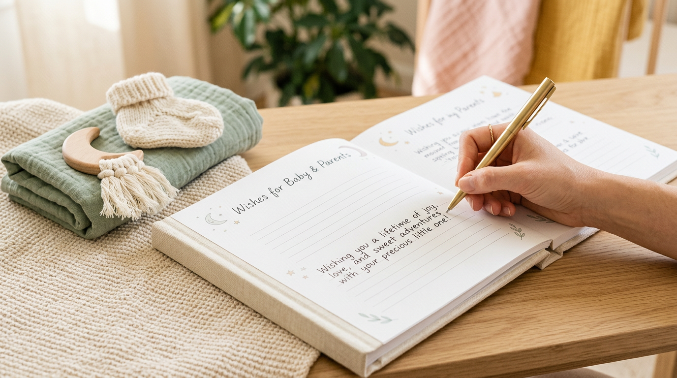 Tired dad writing a message inside a children's book at a baby shower