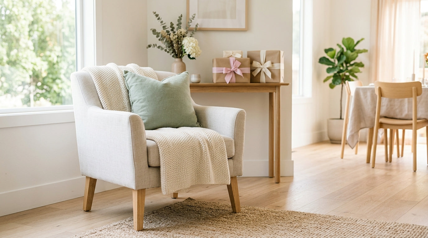Exhausted dad staring at a massive wicker peacock chair in a narrow hallway