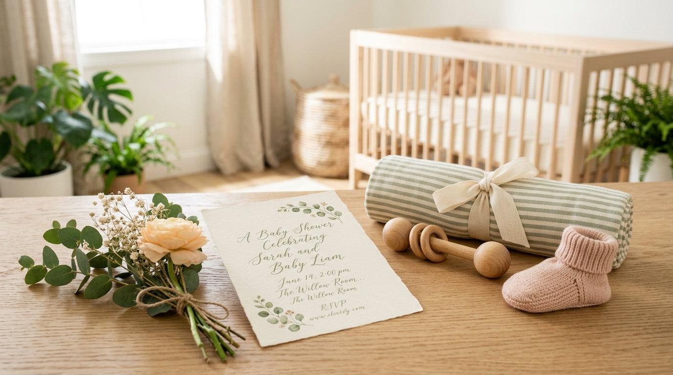 Digital baby shower invite design on a laptop screen in a dark kitchen