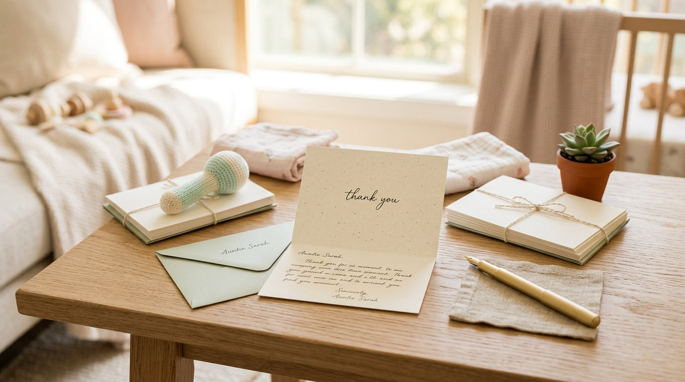 Pregnant mom sitting on couch surrounded by blank baby shower thank you cards and gifts