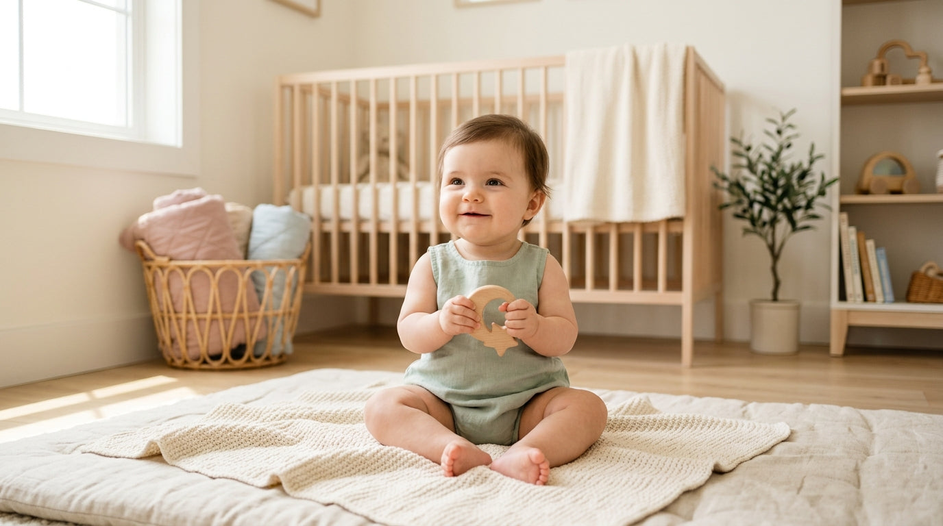 Baby sitting on a living room rug leaning forward in tripod position.