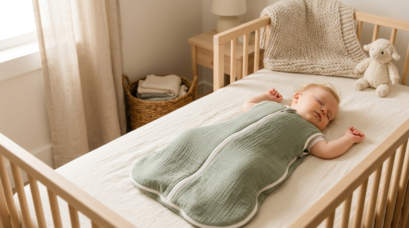 Exhausted mom looking at a baby monitor next to a crib