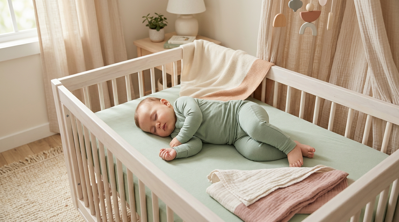 Exhausted mom in sweatpants holding a baby wearing breathable sleepwear