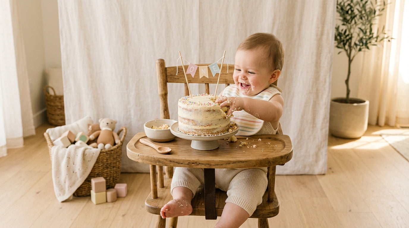 Confused dad watching his eleven month old destroy a vanilla cake on the floor