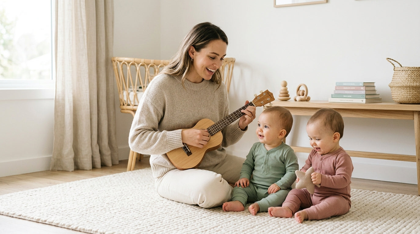 A tired dad sitting on the floor singing to twin babies on a wooden play gym.
