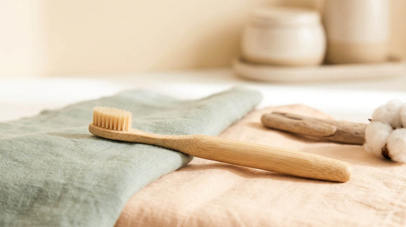 Tired father holding a tiny electric infant toothbrush while twin girls run away