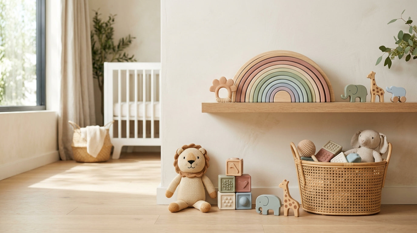 Dad stepping over a massive pile of baby toys scattered across a living room floor.