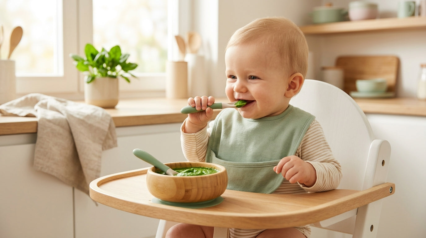 Mom holding a handful of green leaves next to a messy highchair