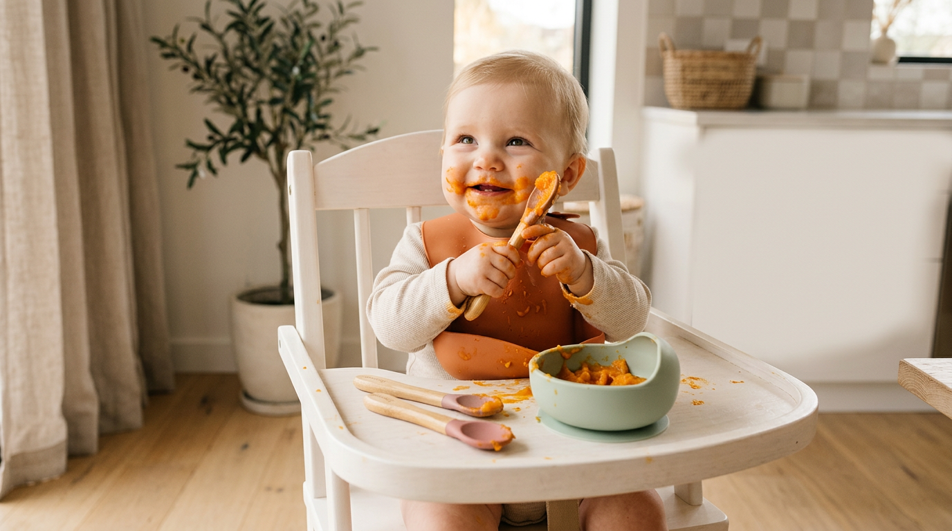 A baby covered in orange sweet potato puree chewing on a flat silicone spoon